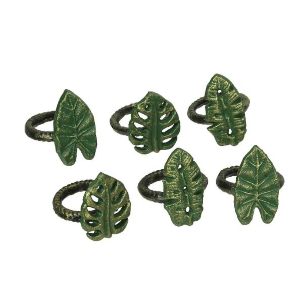 Set Of 6 Cast Iron Tropical Leaf Napkin Rings Decorative Dining Decor
